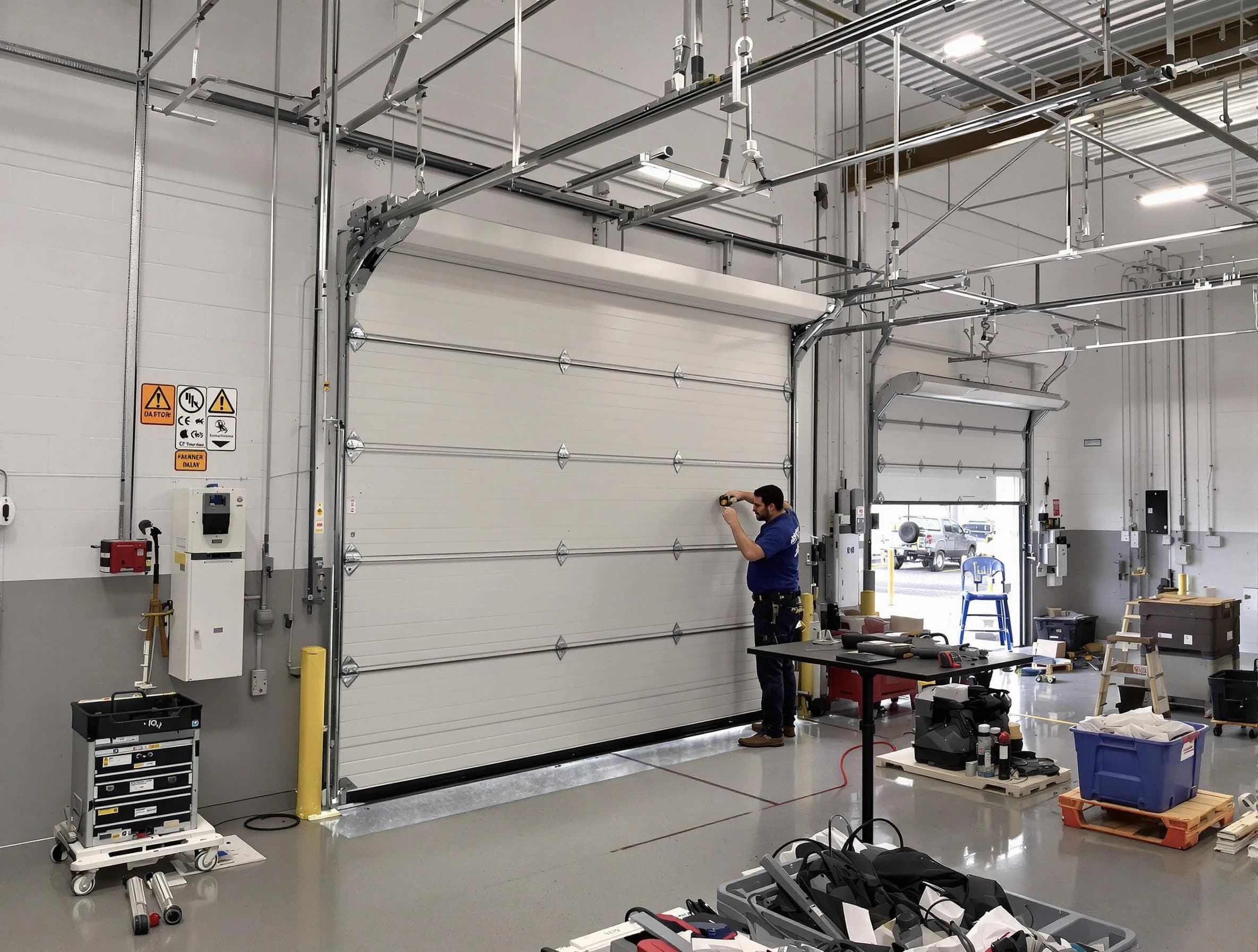 Commercial garage door repair being performed by Tucker Garage Door Repair expert in Tucker