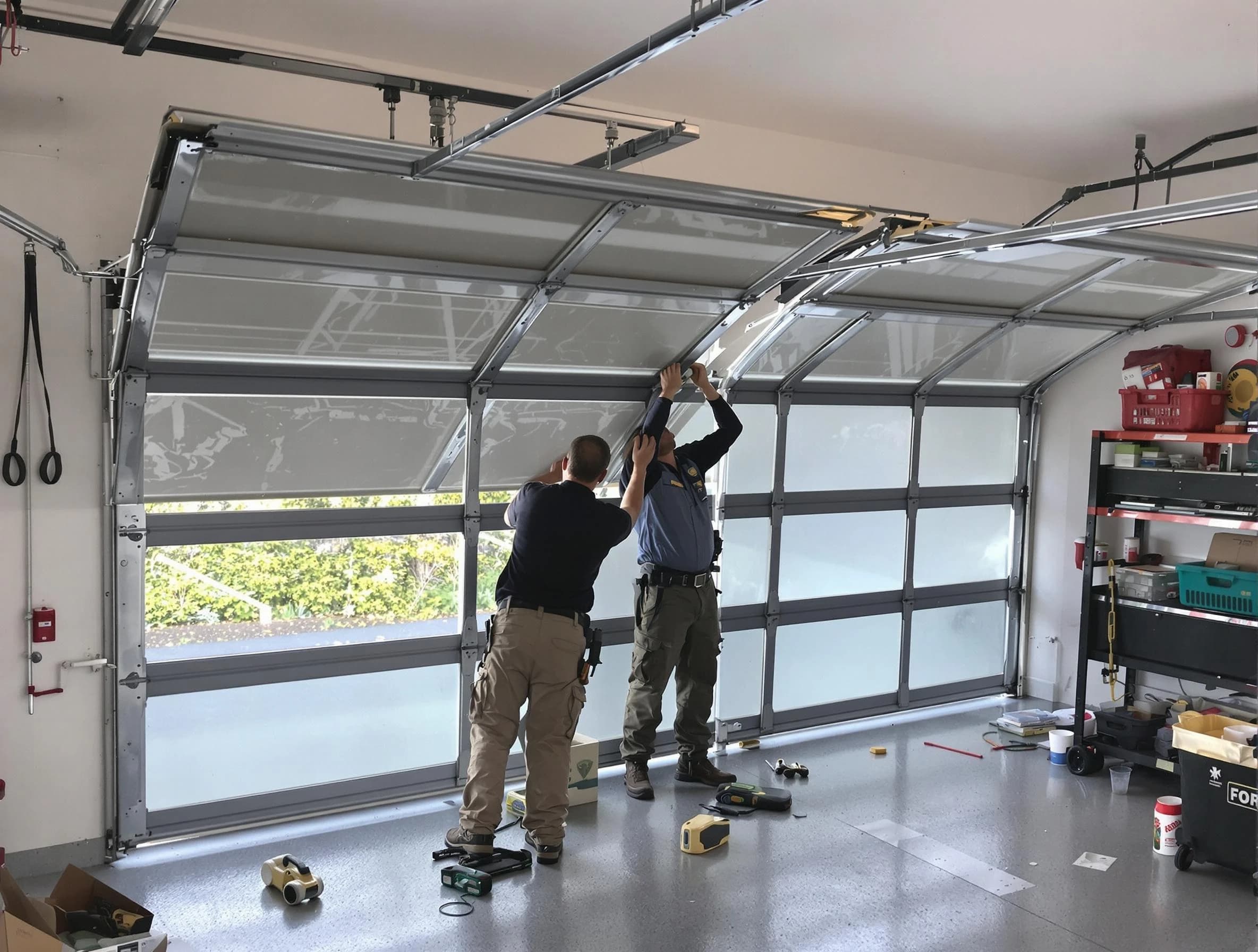 Tucker Garage Door Repair expert performing precise panel replacement on Tucker garage door