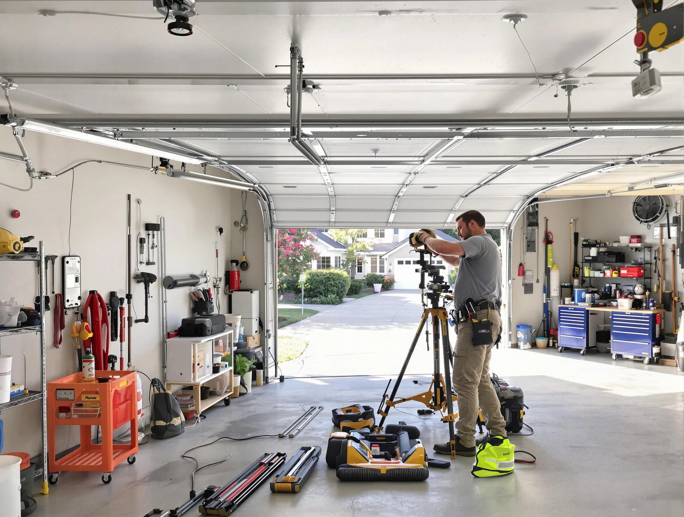 Tucker Garage Door Repair specialist performing laser-guided track alignment in Tucker