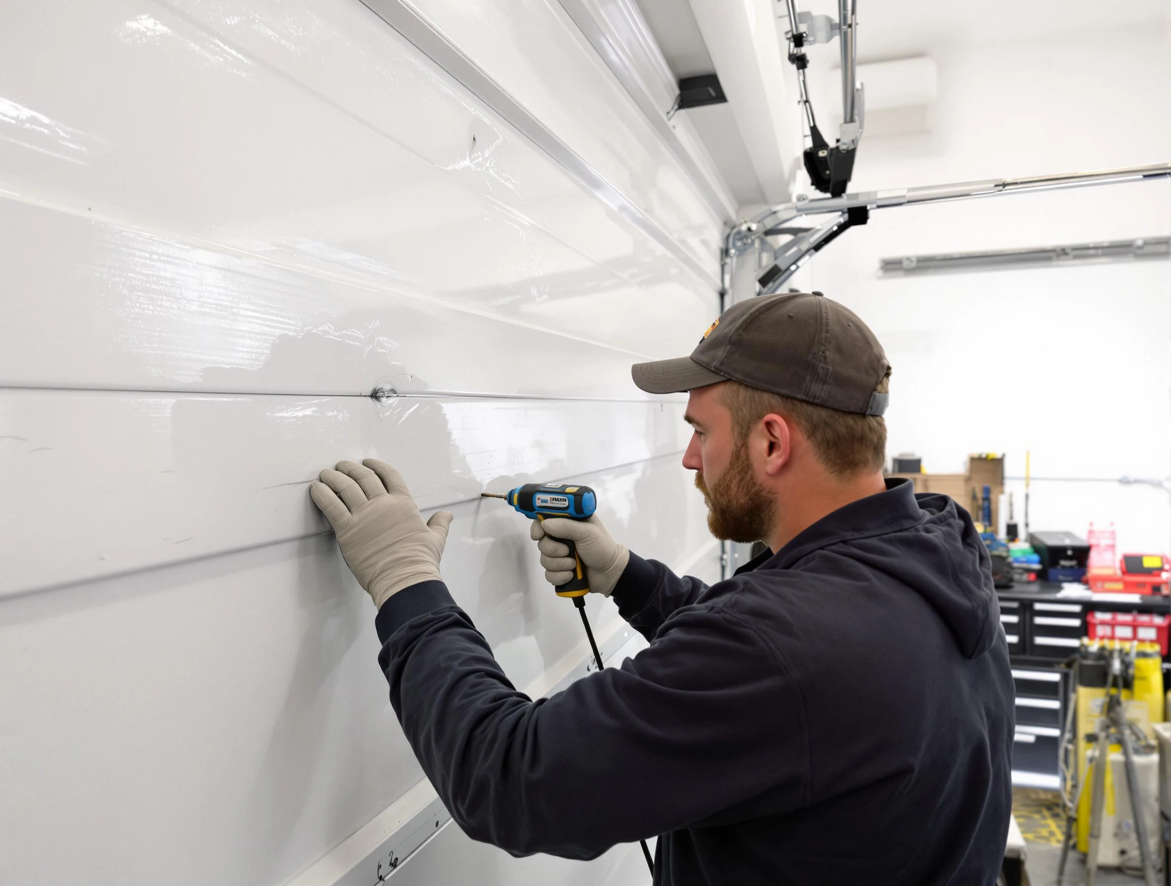 Tucker Garage Door Repair technician demonstrating precision dent removal techniques on a Tucker garage door